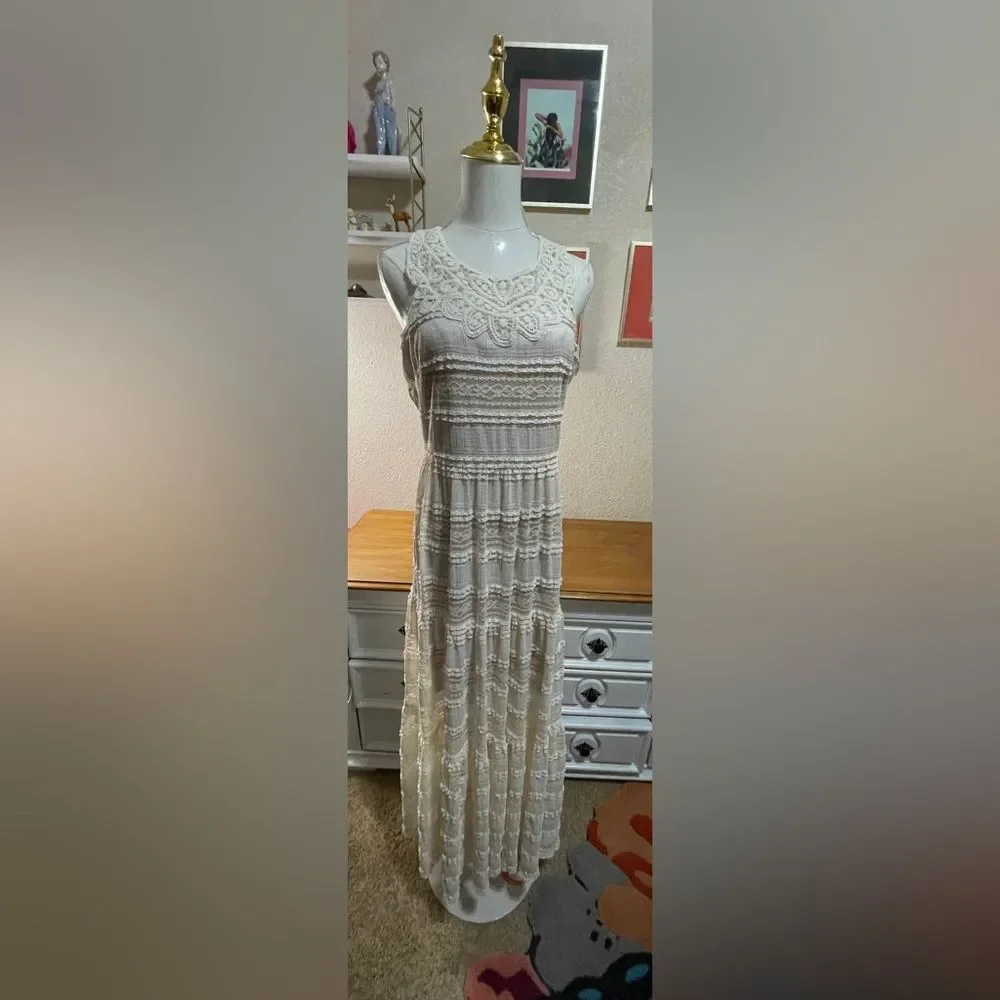 Eliza J Creme Crochet Lace Maxi Dress Women Sz 6 Tiered Lined Cottagecore Boho